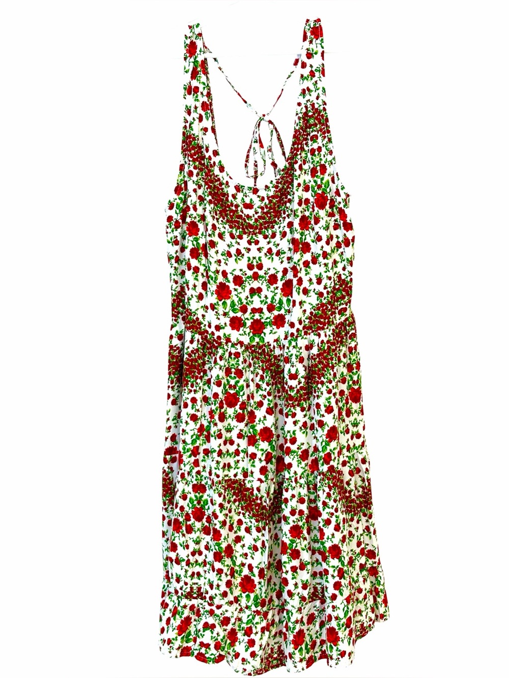 Rose print Tie-Back Sundress - White with Red & Green Floral Print